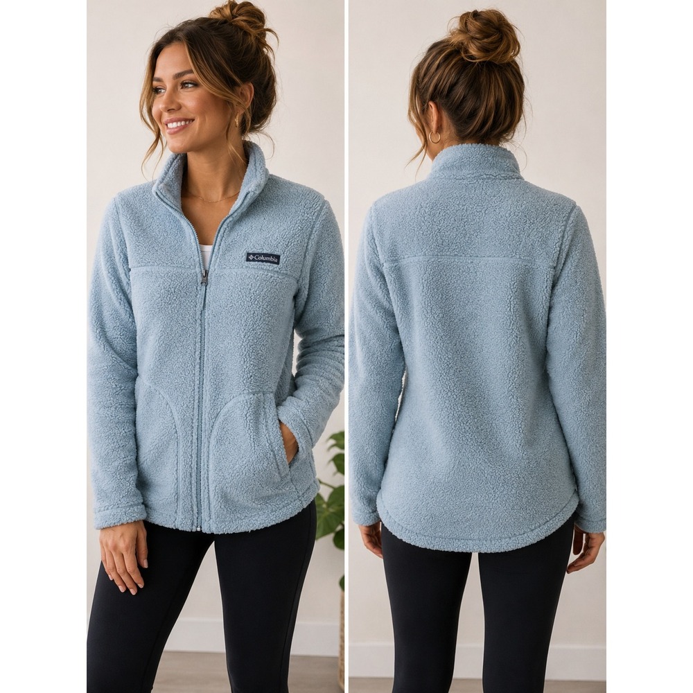 outdoors Columbia Fleece Jacket Women L dusty Blue Sherpa Full Zip Mock gorpcore
